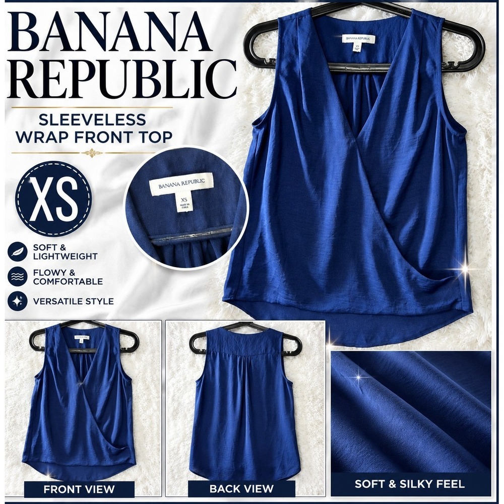 Banana Republic Blue Satin Polyester Pleated V-Neck Wrap Front Blouse XS